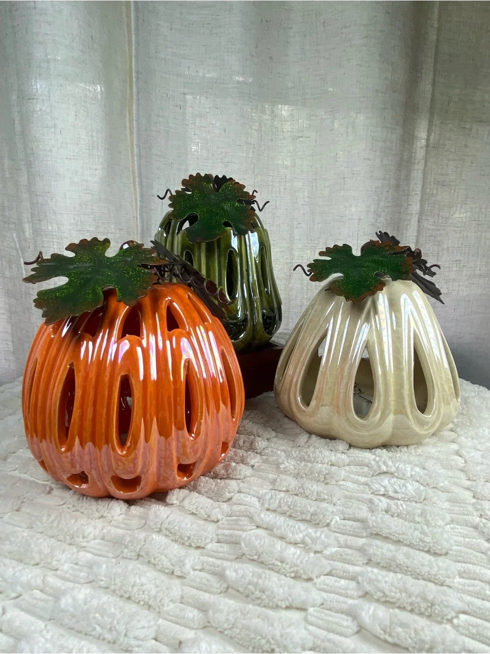 Vintage Iridescent Ceramic Pumpkin Luminary Set 3 Light Up Fall